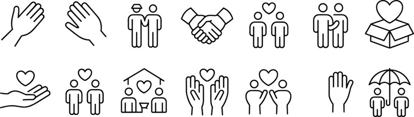 Helping hand icons, charity donation, humanitarian support, community love, kindness symbols, giving care, social responsibility, trust building, flat vector illustration design