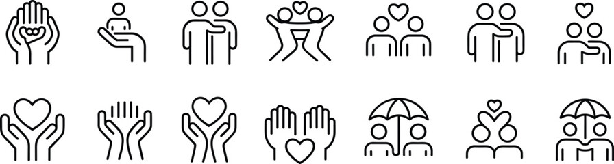 Charity support icons, helping hands, community care, social love, giving kindness, humanitarian aid, protection symbols, friendship trust, flat vector illustration design