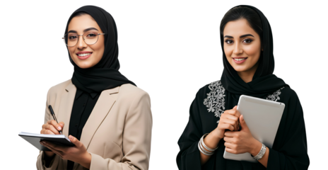 Two professional Arab women in traditional Islamic clothing and modern business attire, isolated on transparent cutout background, cut out, png