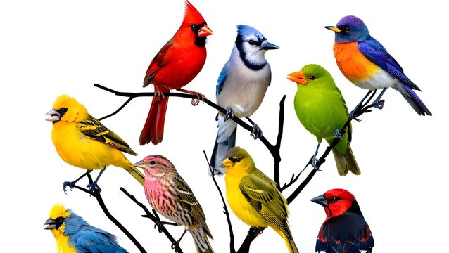 A Flock of Various Colorful Songbirds Perched on Branches Together - Powered by Adobe