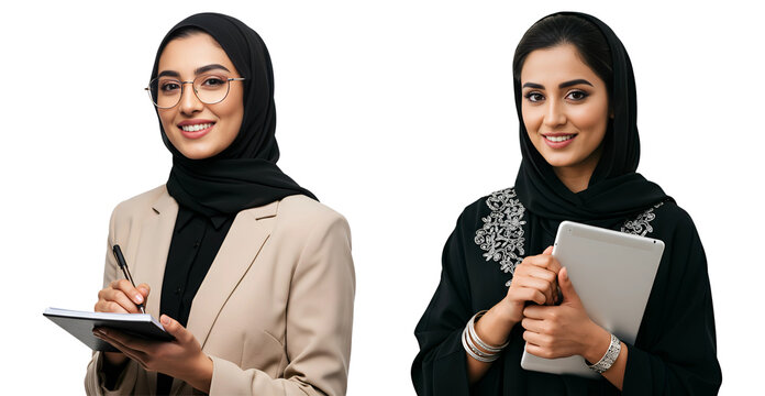 Two professional Arab women in traditional Islamic clothing and modern business attire, isolated on transparent cutout background, cut out, png
