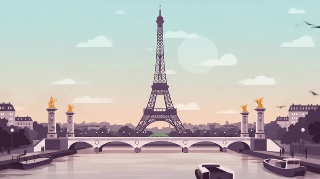Paris cityscape with the Eiffel Tower, a bridge over the Seine River, and a bright sky.