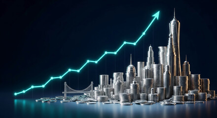 Silver city skyline built of coins, rising upward alongside an upward trending teal graph, symbolizing financial growth and urban development