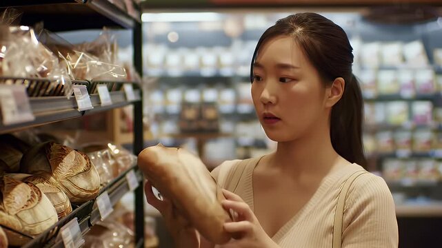 footage of a customer choosing bread from a bakery shelf in a supermarket, warm light