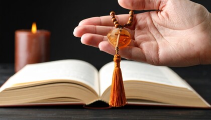 Hand Holding Rosary Beads Over Open Book With Candle