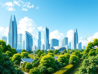 Fototapeta premium Modern eco illustration of a clean eco-friendly city skyline with tall buildings, trees, and renewable energy systems, symbolizing sustainable urban growth, green development, and future smart cities