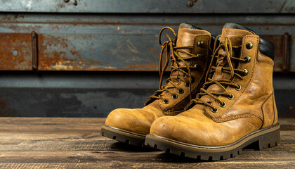 Worn brown leather boots with laces on rustic wooden surface and metal background, showing rugged texture and industrial atmosphere