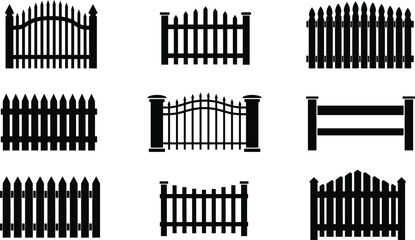 Fence and gate vector set, wooden picket fence, decorative wrought iron gate, property boundary wall, outdoor garden protection, security barrier, house design illustration