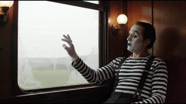 mime artist traveling train performing gestures