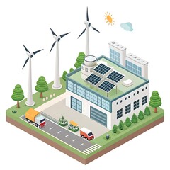 Flat illustration of a sustainable eco-friendly factory with wind turbines, solar panels, and automated machinery, symbolizing clean energy industry, renewable production, and modern green technology 