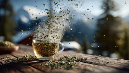 Steaming cup of tea with tea leaves erupting