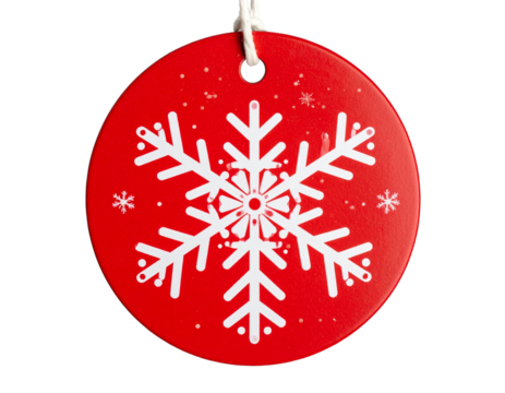  Round Red Gift Tag with White Snowflake Print, Slight Tilt, Transparent PNG 