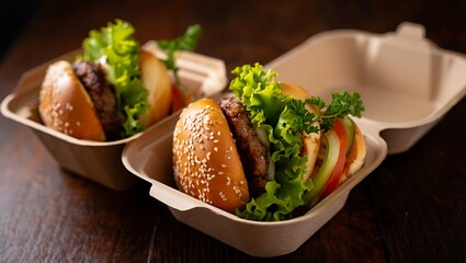 Two delicious gourmet sliders in eco friendly takeout containers