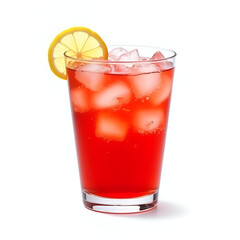 A glass of red cocktail with ice cubes, garnished with a lemon slice, isolated on white background