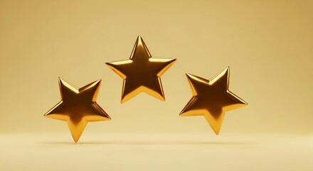 Three golden stars on pale gold background, showcasing achievement, success, or high rating.  Free space for text or logo