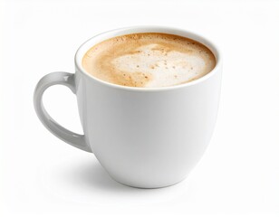 Freshly brewed cappuccino with frothy milk foam in a classic white ceramic mug isolated on a white background.