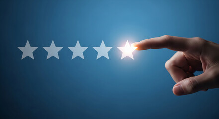 Finger points to glowing star, among four others, representing customer rating, feedback, or review concept.  Illustrates high quality, excellence, and top performance