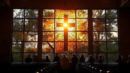 Obraz premium Stained glass cross bathed in sunlight, illuminating a church congregation.