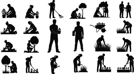 Obraz premium Gardening people silhouette vector illustration, man and woman planting trees, watering plants, garden work activity, outdoor farming, nature care, eco lifestyle design