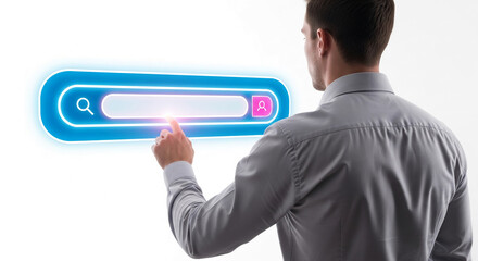 Man in gray shirt interacts with a glowing blue search bar interface, symbolizing online search, digital interaction, and modern technology