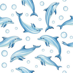 Fototapeta premium Seamless pattern of blue dolphins and bubbles. Ideal for children’s products, marine themes, and textile design. Isolated on a transparent background, png.