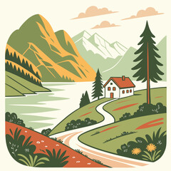 Charming white house with red roof nestled in rolling green hills beside a serene lake and majestic mountains