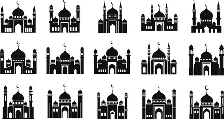 Islamic mosque silhouette collection vector illustration with crescent moon, Ramadan Kareem, Eid Mubarak, Arabic architecture, religious cultural design elements