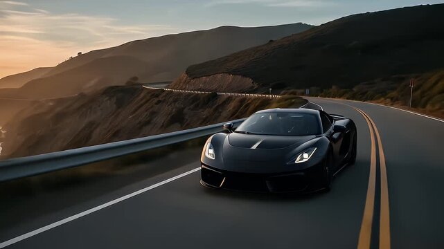 A sleek sports car racing along the edge of a cliffside road at sunset, golden light reflecting off its curves, with the vast ocean and glowing horizon in the background