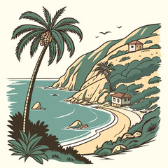 Idyllic tropical coastline with a curving sandy beach lush green hills and two quaint houses nestled among palm trees