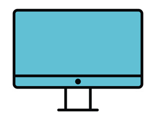 A minimalist, modern icon of an all-in-one desktop computer monitor, characterized by its clean lines, bold outline, and a blank light blue screen.