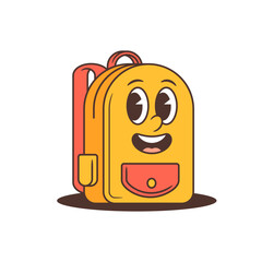 Cheerful school backpack mascot in retro cartoon style with large expressive eyes, bright smile and coral front pocket. Great for kids projects, school branding or fun merchandise. Vector illustration