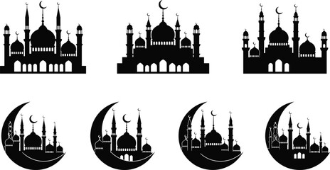 Islamic mosque silhouette with crescent moon, Ramadan Kareem, Eid Mubarak decoration, religious architecture, vector illustration for Islamic holiday design