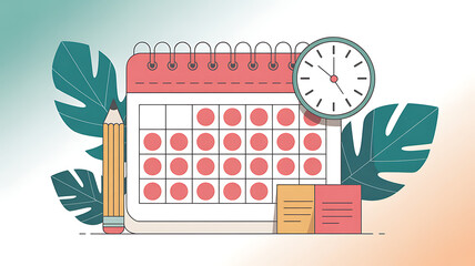 Calendar with marked days and clock symbolizing time management and planning for appointments and events