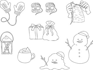 手書きの可愛い冬小物たちの線画アイコン・雪だるま・編み物・季節