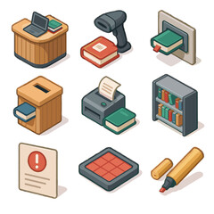Circulation library icon set pad shelf box notice return marker line vector