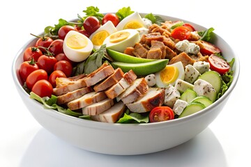 Delicious chicken salad with fresh vegetables and hardboiled eggs, isolated on white background