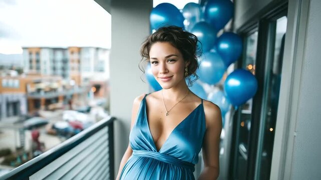Side profile of pregnant woman in blue silk dress, standing on balcony with blue balloons elegant boy reveal, maternity balcony photo, blue dress pregnancy, gender balloon moment