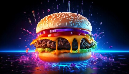 vibrant glowing cheeseburger neon splashes