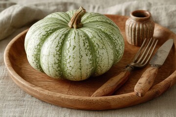Green striped pumpkin on wooden plate