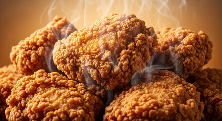 Close-up of golden-brown fried chicken pieces, steaming hot, showcasing crispy texture, representing deliciousness and comfort food, ideal for restaurant menus or food blogs