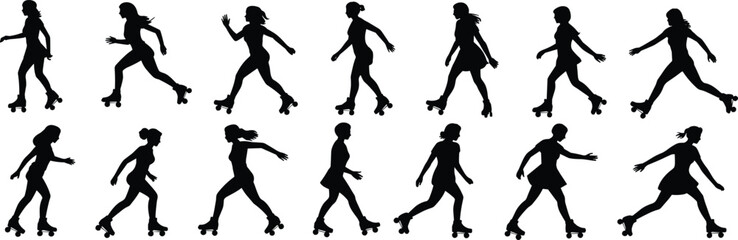 Roller skating women silhouettes, female vector collection, walking and skating poses, active lifestyle, retro sport, fitness movement clipart