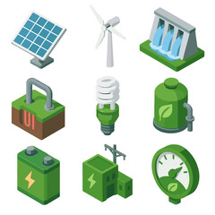 Vector green eco icons hydroelectric solar bulb meter geothermal dam icon energy
