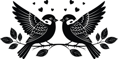 Romantic love birds silhouette illustration with flying wings, sitting on tree branch, surrounded by hearts, perfect for Valentine design