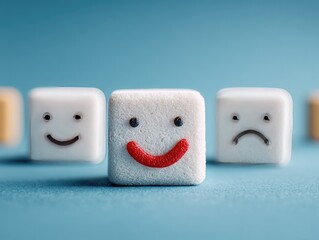 Three small, square, white objects, two with happy and one with sad faces