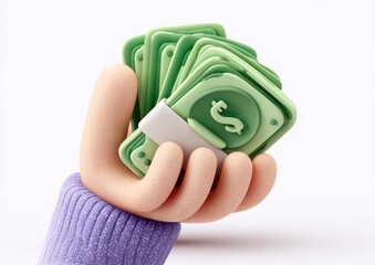 Cartoon hand holding a stack of stylized green money