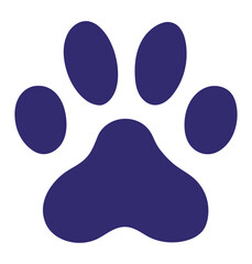 A simple dark purple vector icon of a single animal paw print, symbolizing pets, dogs, or cats, isolated on a white background.