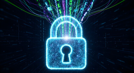 Luminous blue digital padlock icon absorbing streams of colorful binary data for cybersecurity.