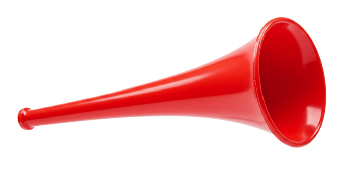 Red vuvuzela trumpet football fan isolated on transparent cutout background, cut out, png