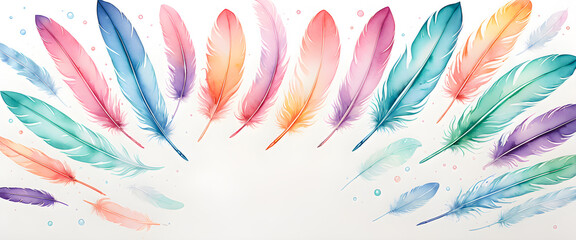 Abstract background with feathers. Watercolor pastel feather illustration. Dreamy flying feathers artwork. Soft pastel feathers on white. With text space.