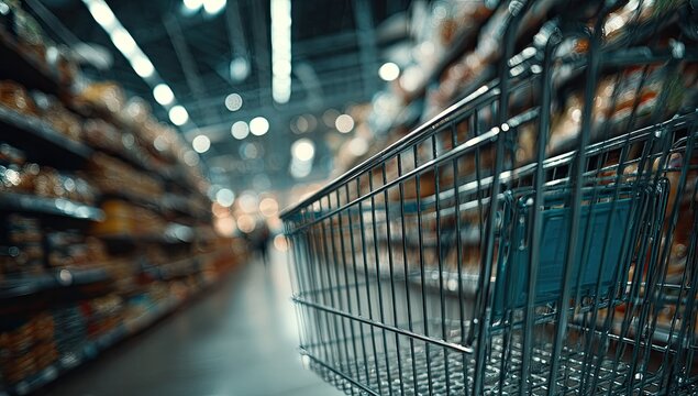 Supermarket shopping cart in aisle